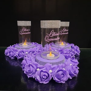 Quinceañera centerpieces tables,Sweet 16 centerpieces fortable,Luminary birthday decor,Quince wedding Luminary, Central decor lavender roses