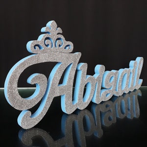 Azul claro Cenicienta color personalizado nombre 3D Britney plata brillo, espuma letras nombre, nombre 3D, independiente, dulce 16 candelabros, quinceañera