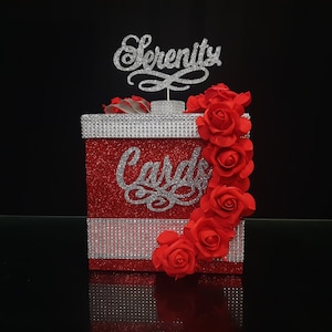 Red Card Box Sweet 16, Card Box Wedding red, Mitzvah, Quince, Sweet 16 ,Quinceanera & Mitzvah, cardbox roses rhinestones