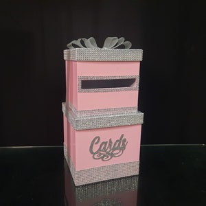 Caja de tarjeta de lazo rosa, lazo de caja de cartón de dos pisos, caja para tarjetas rosa plateado, caja de cartón para Sweet 16, caja de tarjetas Boda, Quinceañera y Mitzvah