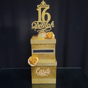 Caja de cartón dorada con rosa, caja de cartón de dos pisos, caja para cartas rosa dorada, caja de cartón para boda dulce 16 Quinceañera Bar Bat Mitzvah negro