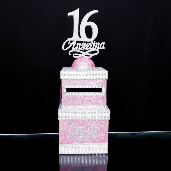 A two-tier card box pink, a two-story cardbox,box for cards pink,Cardbox for Sweet 16 Wedding Quinceanera Bar Bat Mitzvah black