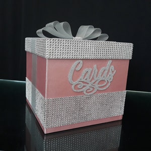 Oro rosa y plata caja cuadrada brillo dulce 16, tarjeta de la boda, Mitzvah, quince, dulce 16, Quinceanera & Mitzvah, diamantes de imitación de caja de la tarjeta