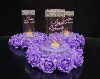 Quinceañera centerpieces tables,Sweet 16 centerpieces fortable,Luminary birthday decor,Quince wedding Luminary, Central decor lavender roses