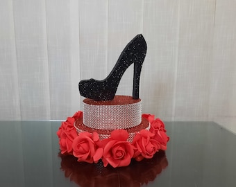 Centerpiece Shoe on stand, black shoes and red roses, Central decor,Central element on the table, decoration for the festive table,Sweet 16