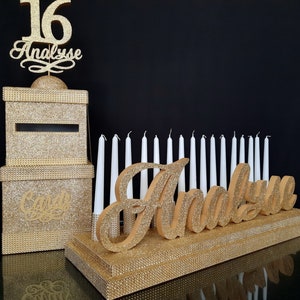 SET Espuma de candelabro de oro y Cardbox Sweet 16, Candelabro de oro Quinceañera, barra de oro y Bat Mitzvah, centro de mesa de iluminación de velas
