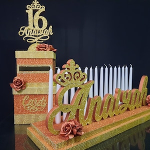 Bronce Sweet16 Candelabro espuma y Cardbox, color cobre Candelabro Quinceañera y tarjetas, Bar & Bat Mitzvah Candle Lighting Centerpiece