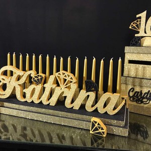 SET Diamonds Sweet 16 Candelabro espuma y Cardbox, diamantes tema de oro Membrillo, BarBat Mitzvah, lámpara de velas Diamante central, gemas de caja de cartón