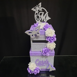 Cardbox Sweet 16 mariposas y rosas de lavanda, tarjetas de caja de tarjetas de cumpleaños, caja de tarjetas de rosas de lavanda, caja de bodas, caja de tarjetas Quinceanera & Mitzvah