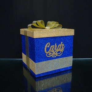 Koningsblauwe vierkante kaartendoos Sweet 16, card box bruiloft, mitswa, kweepeer, zoete 16, Quinceanera & mitswa, kaartendoos strass steentjes