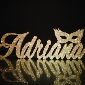 Gold glitter custom name 3D and mask, masquerade,Bat Mitzvah foam letters name,standing styrofoam letters