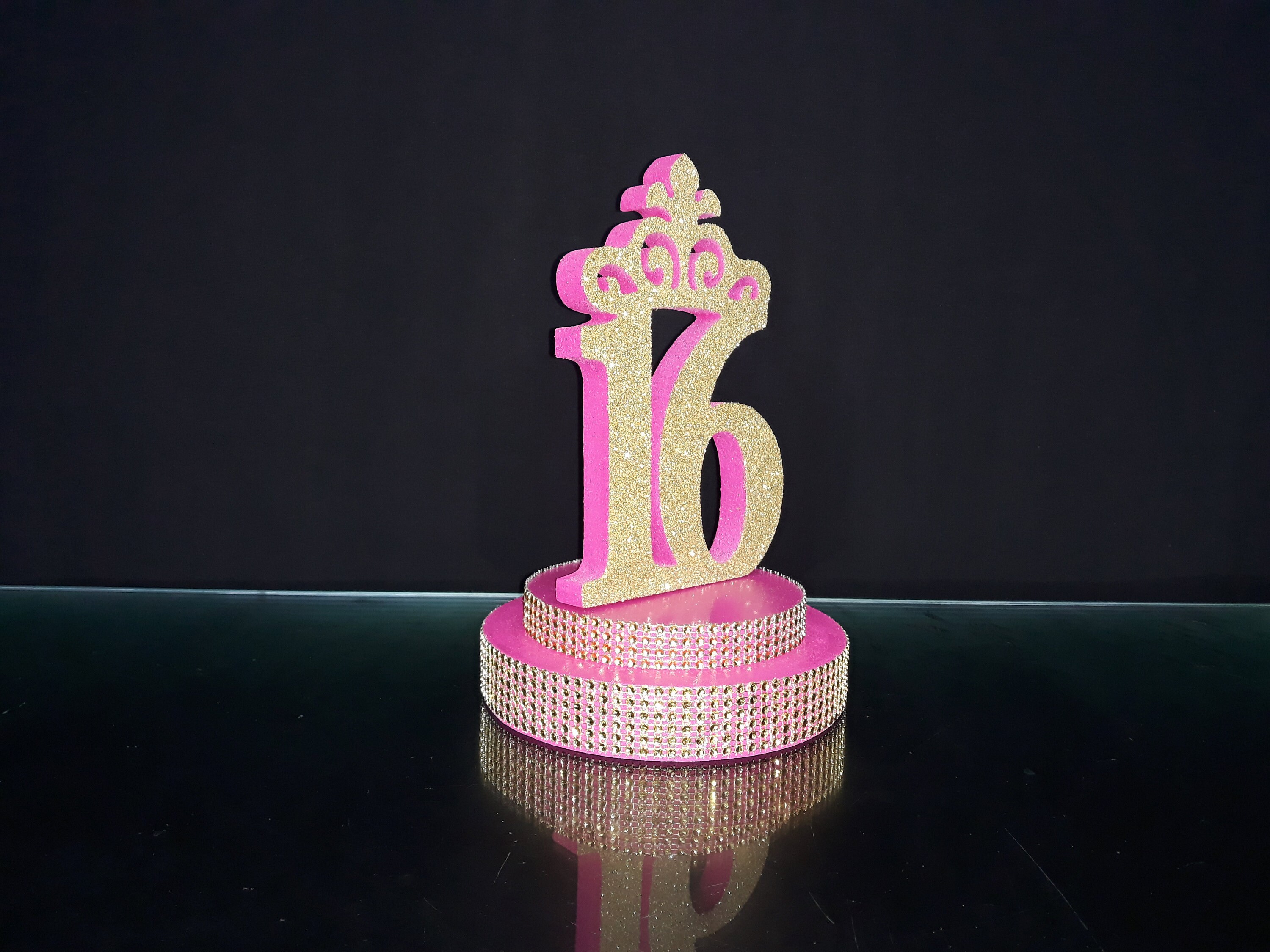 Centerpiece number 16 on stand hot pink,Central decor,Central element on  the table,decor for the festive table,Sweet 16,Mitzvah, Quinceanera - Main Image