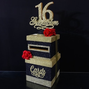 Een twee-tier kaartdoos met roos, een twee verdiepingen tellende cardbox, doos voor kaarten zwarte roos, Cardbox voor Sweet 16 Wedding Quinceanera Bar Bat Mitswa zwart
