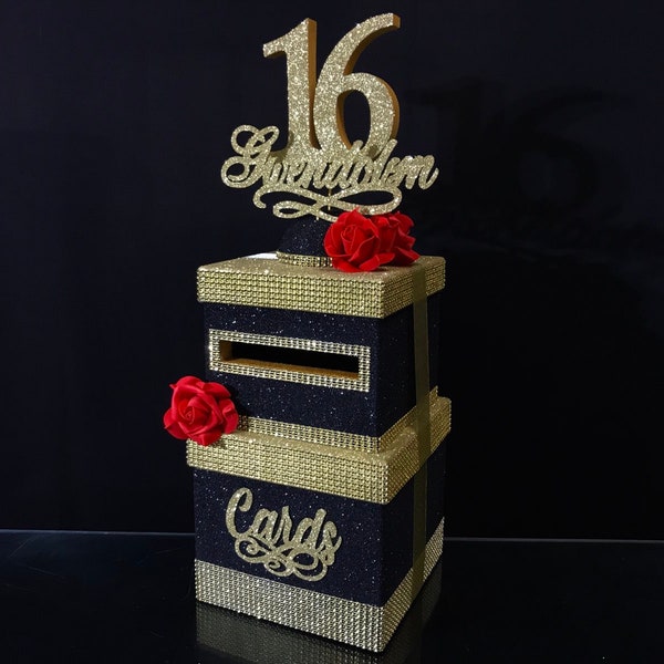 A two-tier card box with rose, a two-story cardbox,box for cards black rose,Cardbox for Sweet 16 Wedding Quinceanera Bar Bat Mitzvah black