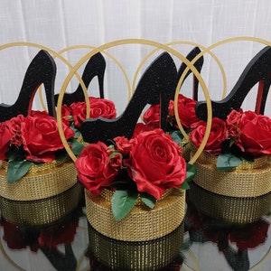 Decor Centerpiece Shoe on stand, high heel,Centerpieces Sweet 16, Flower Arrangement, Shoe Central decor, Wedding Centerpieces flower