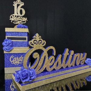 Dulce 16 Candelabro de espuma y caja de cartón, Candelabro Quinceañera con brillo azul real, Bar y Bat Mitzvah azul real, Centro de mesa con iluminación de velas