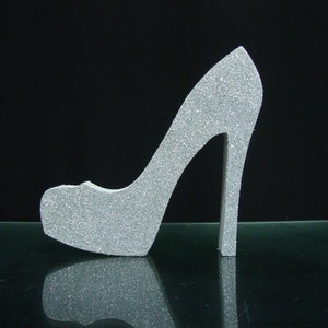 High heel shoe centerpiece, styrofoam shoe, silver high heel centerpieces, heels and shopping party decorations, heels party