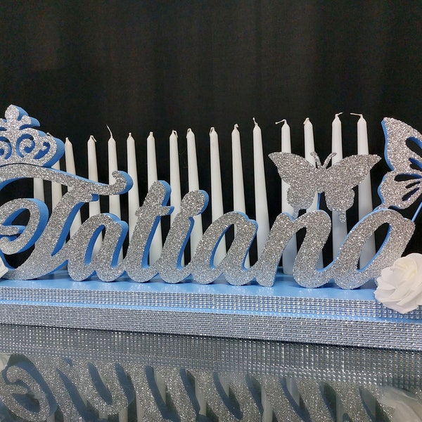 Butterfly Sweet 16 Candelabra roses, Quinceanera & Mitzvah Candle Lighting Centerpiece, 3D name foam letters, Birthday butterfly decor