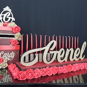 SET Sweet 16 Candelabro espuma y Cardbox oro rojo rosa negro, Candelabro Quinceañera, rosa roja Bar & Bat Mitzvah, centro de mesa de iluminación de velas