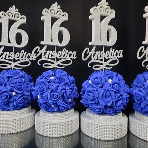 Royal blue roses, Centerpiece ball  roses on stand Sweet 16, Central decor, Central decor topiary Quinceanera, roses decor sweet 15