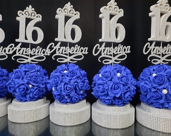 Royal blue roses, Centerpiece ball  roses on stand Sweet 16, Central decor, Central decor topiary Quinceanera, roses decor sweet 15