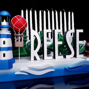 Candelabra ADVENTURE theme,Vintage letters,styrofoam 3D name REESE, Quinceanera & Mitzvah Candle Lighting Centerpiece