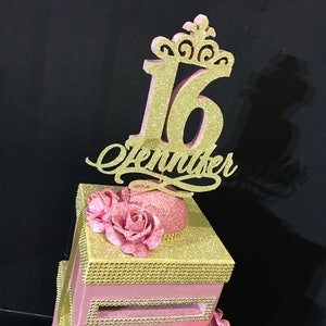 Una caja de cartas de dos niveles con rosa, una caja de tarjetas de dos pisos, una caja para tarjetas de oro rosa rosa, Cardbox para dulce 16 boda Quinceañera Bar Bat Mitzvah