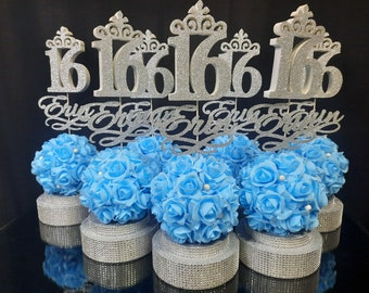 Roses bleu clair, centre de table roses boule sur pied Sweet 16, décoration centrale, décoration centrale topiaire Quinceanera, décoration roses sweet 15