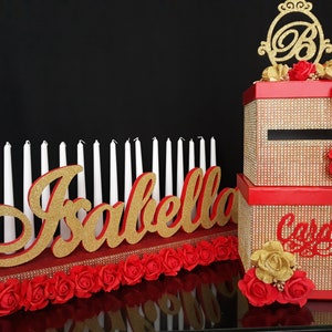 SET Sweet 16 Candelabro espuma y Cardbox rosa de oro rojo, quinceañera candelabro rosa, rosa roja Bar & Bat Mitzvah, centro de mesa de iluminación de velas