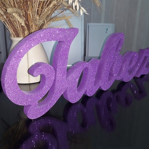 Púrpura brillo nombre personalizado 3D Jabez, letras de espuma púrpura nombre bloque de edad, números 3D, letras de espuma de poliestireno de pie libre, dulce 16 candelabra