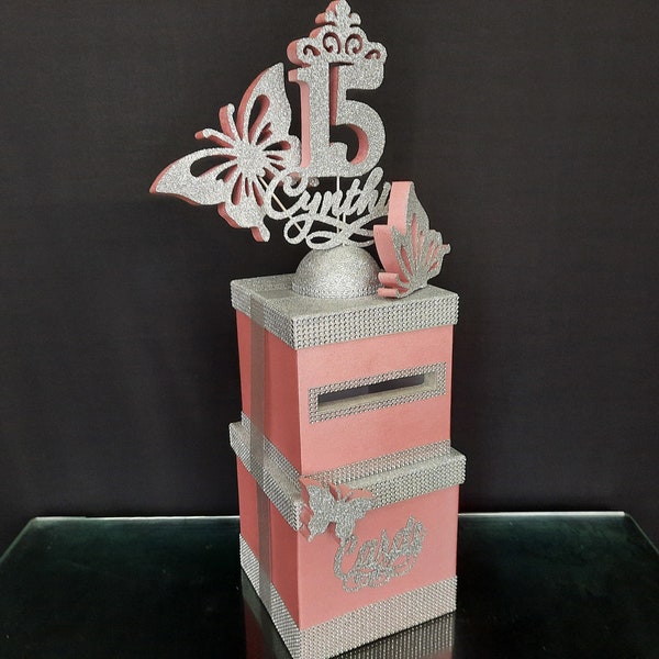 A two-tier card box with butterflies,cardbox for cards butterflies,Card box for Sweet 16 butterflies,Quinceanera Bar Bat Mitzvah butterflies