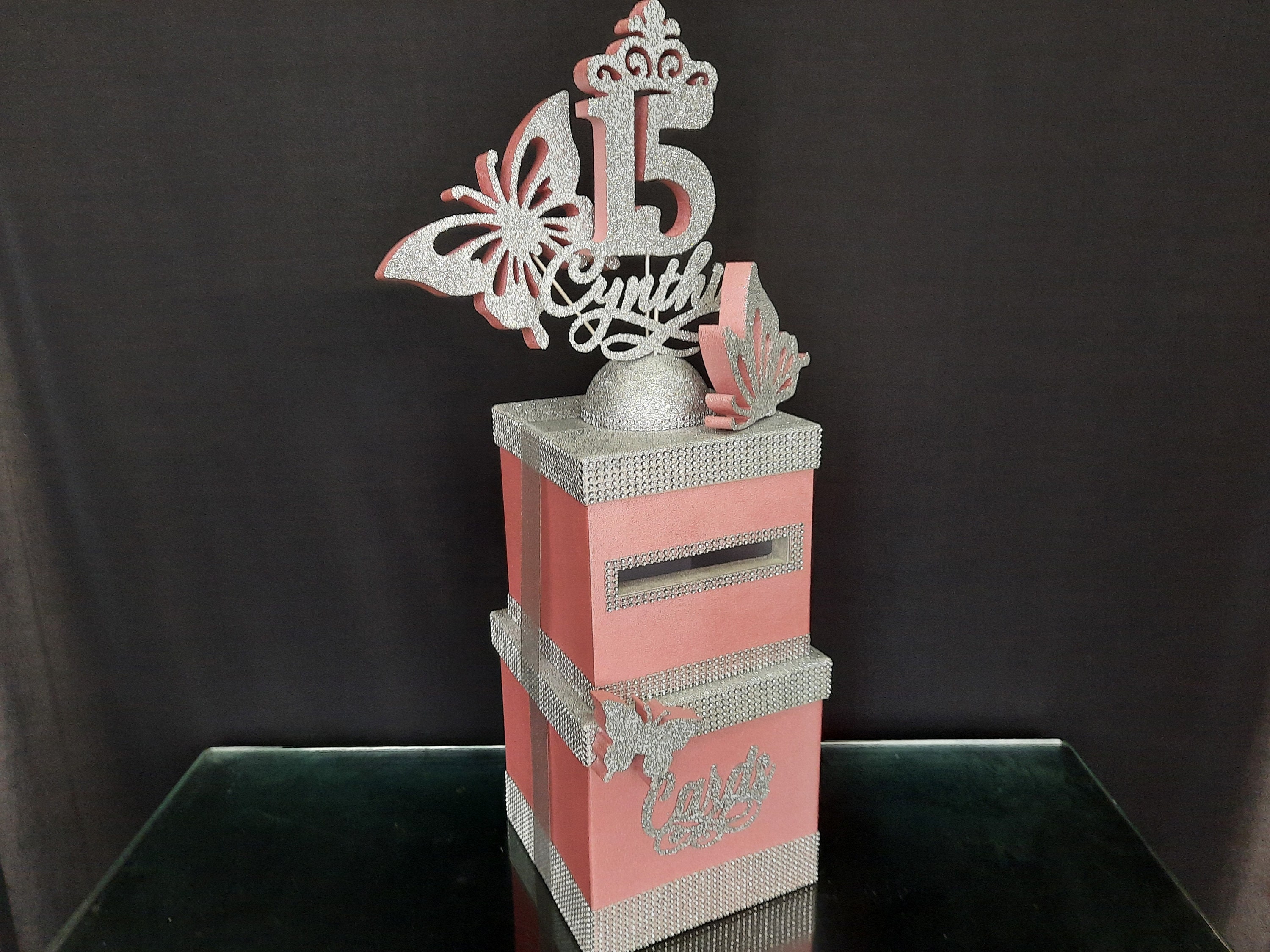 A twotier card box with butterfliescardbox for cards butterfliesCard box for Sweet 16 butterfliesQuinceanera Bar Bat Mitzvah