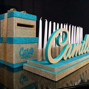 SET Sweet 16 Candelabro de espuma y caja de cartón, candelabro turquesa para quinceañera, Bar y Bat Mitzvah turquesa, centro de mesa con iluminación de velas