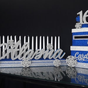 dulce 16 escena de invierno candelabro, SET Sweet16 Candelabro de espuma Cardbox, tema de copos de nieve Candelabro, quinceañera de invierno, Bat Mitzvah