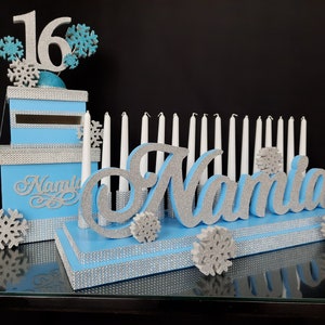 Winter Wonderland sweet16, sweet 16 candelabra winter scene,SET Sweet16 Candelabra foam Cardbox snowflake,winter Quinceanera,Bat Mitzvah