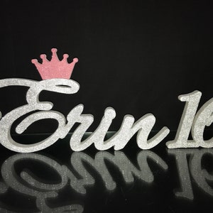 Nombre personalizado Erin plata brillo espuma de poliestireno 3D, letras de plata nombre bloque de edad, grandes letras de pie independientes, decoración de cumpleaños, dulce 16 candelabro