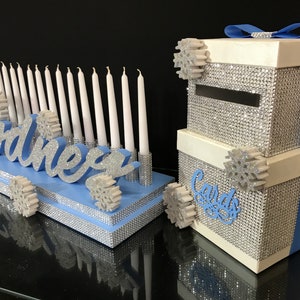 dulce 16 escena de invierno candelabro, SET Sweet16 Candelabro de espuma Cardbox, tema de copos de nieve Candelabro, quinceañera de invierno, Bat Mitzvah
