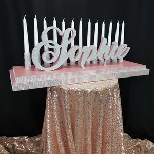 Candelabros Sweet 16 cor OURO ROSA, Candelabros Sophie, Quinceanera e Peça Central de Vela Mitzvah, isopor com nome 3D, ROSEGOLD