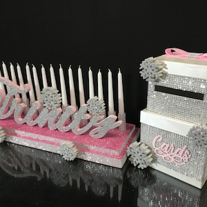 Сandelabra dulce 16 escena de invierno, SET Sweet16 Candelabro de espuma Cardbox, tema de copos de nieve Candelabro, quinceañera de invierno, Bat Mitzvah