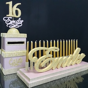 SET Sweet 16 Candelabro espuma y Cardbox, Rosa rubor Candelabro Quinceañera, Rosa rubor Bar & Bat Mitzvah, Iluminación de velas Centro de Mesa