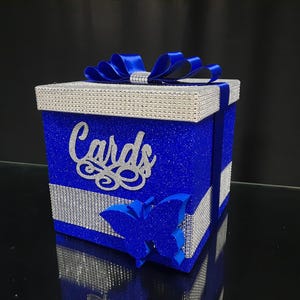 Card Box with a butterfly, The color in the photo is royal blue, Wedding, Mitzvah, Quince, Sweet 16, box for cards and gifts