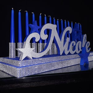 Sweet 16 Candelabra blue and silver stars,podium blue glitter,name silver glitter,Quinceanera & Mitzvah Candle Centerpiece,3D name styrofoam