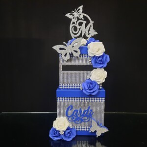 Cardbox Sweet 16 koningsblauwe vlinders en rozen, verjaardagskaarten dooskaarten, koningsblauwe rozen kaartendoos, trouwdoos, kaartendoos Quinceanera