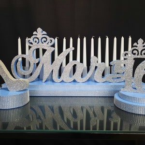 SET Sweet 16 Candelabro espuma color azul claro Zapato de pieza central en el soporte, color de la cenicienta de quinceañera, centro de mesa de iluminación de velas Mitzvah