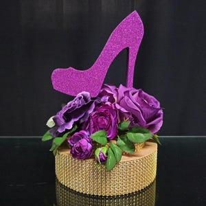 Decor Centerpiece Shoe on stand purple ,high heel purple, Centerpieces Sweet 16, Flower Arrangement, Shoe Central decor,Wedding Centerpieces