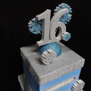 Caja de tarjetas azul claro con copos de nieve, una caja de tarjetas de invierno de dos pisos, caja para tarjetas copos de nieve, invierno Dulces 16,Mitzvá,Quinceañera tarjetas de invierno