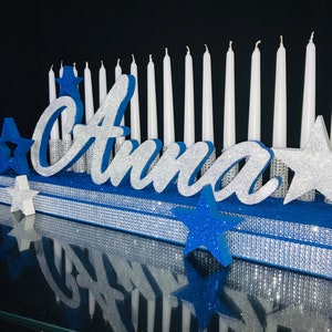 Sweet 16 Candelabra blue and silver stars,podium blue glitter,name silver glitter,Quinceanera & Mitzvah Candle Centerpiece,3D name styrofoam