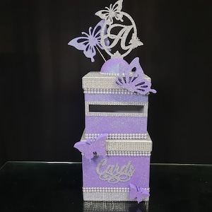Cardbox Dulce 16 mariposas de lavanda, tarjetas de cumpleaños, caja de tarjetas de mariposas de lavanda, mariposas de caja de boda, caja de tarjetas Quinceañera
