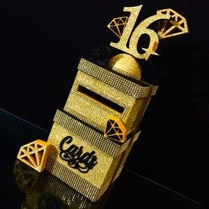 Caixa de cartão de ouro de diamantes, gemas de caixa de cartão de dois andares, uma caixa para cartões de prata, caixa de cartão Doce 16, caixa de cartão Casamento, Mitzvah, caixa de cartão Quinceanera e Mitzvah