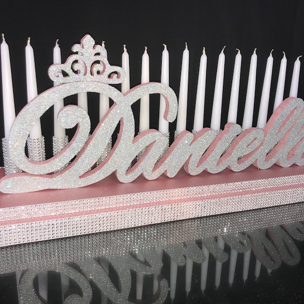 ROSE GOLD color Sweet 16 Candelabra,Candelabra  Danielle, Quinceanera & Mitzvah Candle Centerpiece, 3D name styrofoam,ROSEGOLD